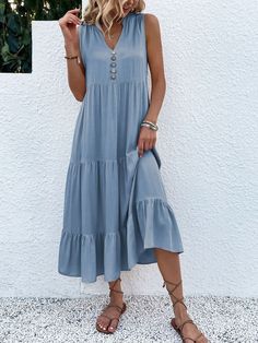 Casual Plain Maxi Dress For Beach, Casual Solid Midi Dress With Buttons, Casual Flowy Midi Dress In Solid Color, Flowy Buttoned Midi Dress For Beach, Casual Flowy Solid Color Midi Dress, Casual Solid Color Midi Dress For Beach, Flowy Beach Midi Dress With Buttons, Flowy Solid Color Casual Midi Dress, Solid Color Flowy Midi Dress Casual Style