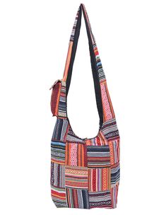 a multicolored handbag on a white background