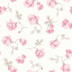 pink roses are on a white background with green leaves and stems in the center,