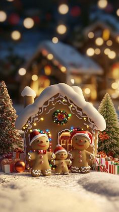 a gingerbread house with christmas lights and decorations