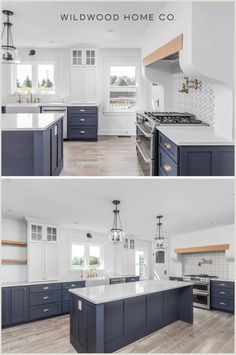 two pictures of the same kitchen with blue cabinets and white counter tops, one has an island