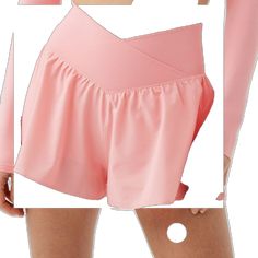 Stretch Pajama Shorts For Yoga, Sporty Pink Bottoms With Wide Waistband, Casual Sports Bottoms With Crossover Waistband, Pink Stretch Athleisure Pajama Shorts, Solid Crossover Waistband Bottoms For Summer, Casual Workout Shorts With Crossover Waistband, Pink Activewear With Built-in Shorts For Beach, Spring Pink Athletic Shorts For Yoga, Pink Stretch Pajama Shorts For Workout