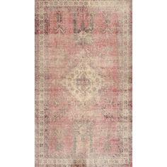 an antique rug with faded pink and beige colors on the bottom, in front of a white background