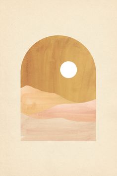 an abstract painting with a white circle in the center and pink sand dunes around it