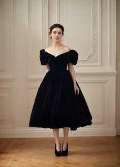 Puffed Off-the-shoulder sleeves Ball gown tea length Velvet Dress Winter Ball Dresses Tea Length, Off Shoulder Tea Length Dress, 50s Wedding Guest Dress, Tea Length Off The Shoulder Dress, 1960s Fashion Formal, Formal Wedding Guest Dress Curvy, Valentines Wedding Guest Outfit, 50s Winter Dress, Formal Dresses Mid Length