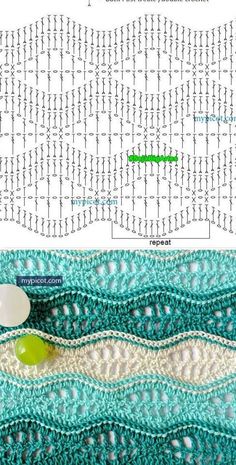 the crochet pattern is shown in green and white, with two different colors