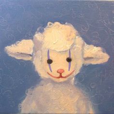 a painting of a white sheep with blue eyes and nose ring on it's head