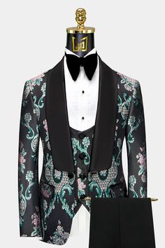 Elegant Fitted Black Set, Elegant Black Fitted Sets, Green Fitted Elegant Sets, Black Slim Fit Three-piece Suit For Party, Green Tuxedo Business Sets, Fitted Green Three-piece Suit For Party, Luxury Fitted Black Three-piece Suit, Green Tuxedo Set With Notch Lapel, Green Three-piece Suit With Notch Lapel For Party