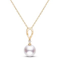 This exquisite women's pendant necklace features a lustrous Akoya saltwater cultured pearl topped by a shimmering round diamond accent. Crafted in 14K yellow gold, the 18-inch cable chain secures in place with a spring ring clasp. Diamond Teardrop Pendant Necklace With Pearl, Elegant 14k Gold Diamond Necklace With Teardrop Pendant, Formal 14k Gold Necklace With Pearl Pendant, Elegant Gold Briolette Pearl Necklace, Elegant Gold Teardrop Diamond Necklace, Classic Gold Diamond Necklace With Pearl Pendant, Classic Gold Diamond Pearl Necklace, Elegant Akoya Pearl Jewelry In Yellow Gold, Elegant Yellow Gold Akoya Pearl Jewelry