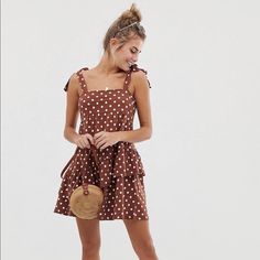 Asos Design, Brown And White Polka Dot, New With Tags, Cotton White Polka Dot Dress Outfit, Dot Dress Outfit, Polka Dot Dress Outfit, Dots Outfit, Mode Pop, Printed Beach Dresses, Denim Jumper Dress, Polka Dots Outfit, White Polka Dot Dress