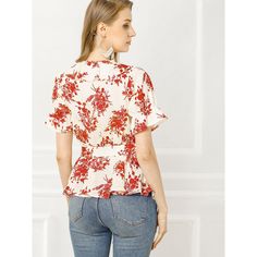 Get ready to turn heads with this stunning Allegra K wrap blouse! The gorgeous floral prints and ruffle details make this wrap peplum blouse an absolute showstopper. Whether you're strolling along the beach or enjoying a night out on the town, this tie-waist blouse is the perfect choice. Pair it with your favorite jeans and high heels, and get ready to feel confident and stylish all night long! Spring V-neck Peplum Top With Ruffle Hem, Summer Workwear Peplum Blouse, Casual Fitted Floral Print Peplum Top, Summer Floral Print Peplum Top With Short Sleeves, Summer Short Sleeve Peplum Top With Floral Print, Peplum Blouse With Ruffle Hem For Brunch, Feminine Floral Print Peplum Top, Summer Floral Print Peplum Top, Floral Print Short Sleeve Peplum Top For Spring