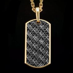 Black ice. An edgier variation of the classic iced out pendant, the quality of our 14 Karat solid gold Black Diamond Pave Dog Tag Pendant is undeniable. 24" 14kt Hermes Link Chain included. Dimensions: 32mm in length and 17mm in width Handmade in the USA