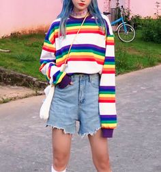 Rainbow Clothes Aesthetic, Rainbow Core Outfit, Rainbowcore Outfit, Black Zip Up Hoodies, Rainbow Clothes, Funky Style, Rainbow Outfit, Style Goals, Seoul Fashion