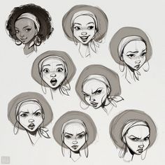 a bunch of sketches of women with different hair styles and facial expressions on their faces