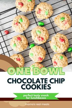 one bowl chocolate chip cookies on a cooling rack with green and red candy sprinkles