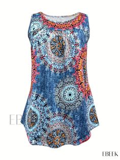 Ebeek - Womens Floral Print Crew Neck Tank Top - Stylish and Casual Sleeveless Apparel for Summer Multicolor Sleeveless Casual Camisole, Casual Multicolor Sleeveless Camisole, Blue Bohemian Cami Tank Top, Bohemian Stretch Sleeveless Tank Top, Bohemian Multicolor Sleeveless Camisole, Bohemian Stretch Sleeveless Tops, Sleeveless Bohemian Stretch Top, Summer Multicolor Stretch Camisole, Bohemian Sleeveless Floral Print Camisole