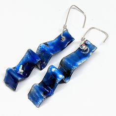 These Handcrafted Statement Earrings Are Made Of Copper With Layers Of Lead-Free Vitreous Enamel With A Kiln Firing After Each. They Are Have Accordion Folds And Are About 3" Long. They Have Sterling Silver Ear Wires. One Of A Kind And Brand New Without Tags Blue Metal Earrings For Gift, Nickel-free Blue Enamel Jewelry, Modern Blue Metal Earrings, Cadmium-free Blue Earrings As Gift, Unique Blue Dangle Earrings, Unique Blue Drop Earrings, Blue Enamel Dangle Jewelry, Blue Enamel Jewelry With Matching Earrings, Blue Metal Drop Earrings