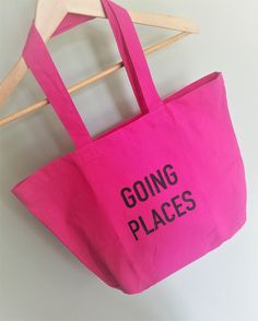 "- Cotton tote bag - 13.5\" x  13.5\" x 3.5\" - Text that says \"Going Places\"" Pink Canvas Bag With Letter Print For Shopping, Pink Letter Print Canvas Bag For Shopping, Trendy Large Canvas Shopping Bag, Large Trendy Canvas Shopping Bag, Going Places, Highland Park, Oct 30, Cotton Tote Bag, Cotton Totes