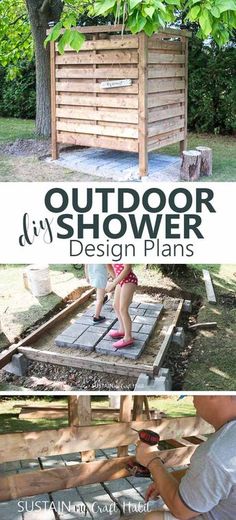 an outdoor shower design plans is shown in three different pictures, with the text overlaying it