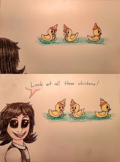 two drawings of ducks in the water with caption saying look at all those chicks