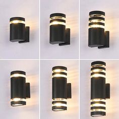 four different angles of a wall light with multiple lights on each side and the top