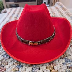 Red Cowgirl Hat With Decorative Faux Leather And Leaf Band, Adjustable Strap, Size Medium 22"-23" Red Cowgirl Hat, Navy Beanie, Packable Sun Hat, Hippie Accessories, Rainbow Hats, Pirate Hats, Ear Warmer Headband, Cowgirl Hat, Cowgirl Hats