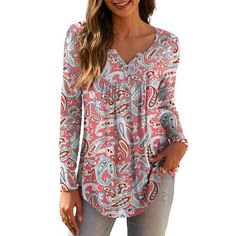 a.Jesdani Women's Plus Size Tunic Tops Long Sleeve V Neck Casual Blouses will make a great addition to your wardrobe.This large size top is made of 95% Polyester + 5% Spandex's Loose and stretchy fabric. This shirt uses V Neck with Buttons and Unique floral patterns, the middle can hide the muffin top perfectly; Casual / Home / Work / Vacation / Beach, this tunic shirt with swing hem drapes nicely Size: 2XL.  Color: Pink.  Gender: female.  Age Group: adult. Plus Size Summer Tops, Baggy Tops, Basic Blouses, Family Office, Floral Printing, Tunic Tops Casual, Beach Maternity, Dressy Blouse, Casual Summer Tops