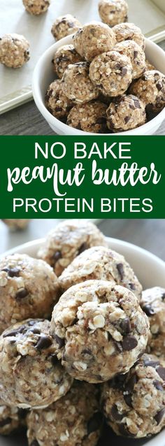 chocolate chip peanut butter protein bites in a white bowl on a table with the title