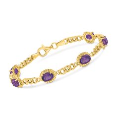 Ross-Simons - 4.40ct t. w. Amethyst Link Bracelet in 18kt Gold Over Silver. 8". This link bracelet is sumptuous with 4.40 ct. t. w. amethysts brought together by petite links of 18kt yellow gold over sterling silver. Textured oval settings give prominence to each and every charming purple gemstone. Finished to a high shine. Lobster clasp, purple amethyst bracelet. Amethyst birthstones are the perfect gift for February birthdays. Amethyst Birthstone, February Birthday, Fine Jewelery, Amethyst Bracelet, Fine Jewelry Bracelets, Purple Amethyst, Link Bracelets, Jewelry Bracelets, Amethyst