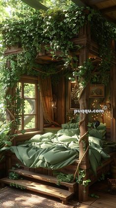 a bed with green sheets and pillows in a room filled with greenery on the walls