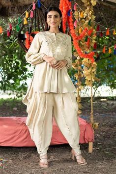 Shop for Tanu Malhotra Beige Kurta Embroidered Tunic And Dhoti Pant Set for Women Online at Aza Fashions Dhoti Top Style For Women, Kurta Dhoti For Woman, Dhoti Styles For Women, Coord Set With Dhoti, Dhoti Pant Suits For Women, Dhoti Outfits Women Wedding, Women Dhoti Kurta Set, Top And Bottom Set For Women, Traditional Cord Set