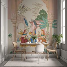 a dining room with a table and chairs in front of a wall mural