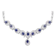 Rare Fine Jewellery Blue Sapphire Diamond White Gold Drop Link Necklace For Sale at 1stDibs | blue sapphire diamond necklace Formal Blue Oval Diamond Necklace, Formal Blue Bridal Necklace With 17 Jewels, Sapphire Diamond Necklace, Diamond Drop Necklace, Silver Link Necklace, Gold Link Necklace, Blue Sapphire Diamond, Necklace Diamond, Diamond Drops