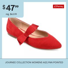 In these mary jane flats, you'll always take on the day with confidence. The Aizlynn by Journee Collection is a pointed-toe flat detailed with a strap at the vamp topped with a darling bow accent. This timeless look fits like a dream, thanks to the soft vegan leather and padded insole.Closure Type: Slip-OnShoe Heel Height: 1/2 InchUpper/Outer Base Material: 100% PolyuretheneShoe Lining Material: PolyurethaneSole Material Content: 100% PolyurethaneToe Type: Pointed Toe, Closed ToeCare: Spot Clea… Shoes Ballet Flats, Mary Jane Flats, Journee Collection, The Vamps, Ballet Flat Shoes, A Dream, Mary Janes, Ballet Flats, Vegan Leather