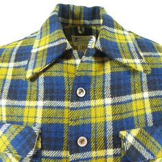 "Vintage 60s John Morley Plaid Camp Shirt M Blue Yellow Wool Button Front Pockets Brand: John Morley Size M Measurements: Chest: 22\" underarm to underarm Sleeve length: 24\" Length: 28\" from shoulder to hem Pre-owned No defects noted" Hot Rollers Hair, Camp Shirts, Green Crewneck, Pink Peacock, Turquoise Print, 80s Mens, 60s Mod, Camp Shirt, Denim Button Down