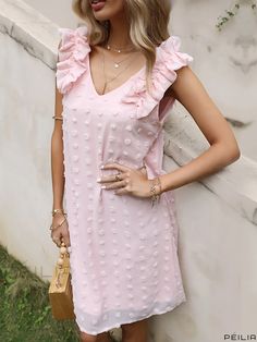 Peilia - Womens Casual Summer Dress with V-Neck, Polka-Dot Print, Ruffle Sleeveless Design Women Dresses Casual Summer, Midi Size, Sleeveless Dress Summer, Ruffle Mini Dress, Straight Dress, Pink Mini Dresses, Casual Summer Dresses, Sleeveless Mini Dress, V Neck Dress