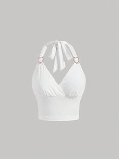 Weiss Lässig Collar  Strickstoff Einfarbig Neckholder Embellished Leicht-dehnbar White Halter Top, Top Halter, Heart Shaped Rings, Fashionista Clothes, Halter Tops, Causual Outfits, Fashion Attire