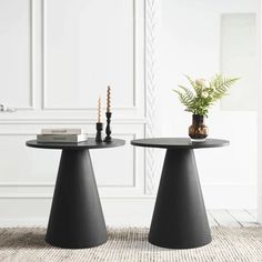 Dwen Modern Black Round Side Table in stylish room with white panel walls and textured carpet. Black End Table, Black End Tables, Round End Tables, Living Room Table Sets, Small End Tables, Oversized Furniture, Round End Table, Circular Table, Wooden Side Table