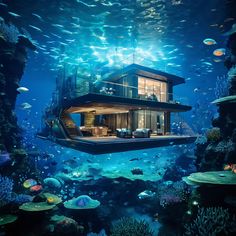 the underwater house is surrounded by fish and corals, while it's built into the water