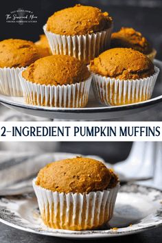 two different pictures of pumpkin muffins on a cake plate with the words, 2 ingredient pumpkin muffins