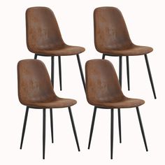 three brown chairs with black legs and one has a leather seat on the back side