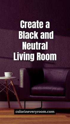 a living room with purple walls and a black leather chair next to a coffee table