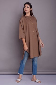 Apple cut Shirt dress for Women, Long Shirt for Women, Indian Kurta, Linen Washed Soft Shirt - Custom made by Modernmoveboutique>DESCRIPTION<- loose and roomy.- apple cut- 3/4th sleeve- made from Linen blend. The fabric is of medium weight (185 g).- the model is 172 cm high (regular XS - S) and is wearing size S. - color in the picture - KHAKI (Please choose any other color on the right).>COLOR<NOTE - The shirt is available in 25 colors.        - We found out the fabric to be rather hard to phot Oversized Brown Cotton Blouse, Cotton Tunic Shirt Dress For Fall, Fall Cotton Tunic Shirt Dress, Half-sleeve Cotton Shirt For Fall, Relaxed Fit Cotton Button-up Tunic, Brown Cotton Tops For Daywear, Brown Buttoned Shirt For Daywear, Brown Shirt With Buttons For Daywear, Fall Half Sleeve Shirt With Buttons