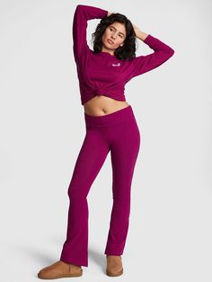 The Takeaway: Choose your rise Smart design means you can wear the waistband how you want; a flared leg adds a cool kick. Adjustable foldover waistband lets you pick the rise: low, mid, or high Breathable 4-way stretch Imported Vivid Magenta, Flare Legging, Burgundy Leggings, Fitness Wear Outfits, Pink Jumpsuit, Magenta Pink, Pink Vs, Flare Leggings, Smart Design