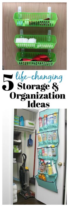 five storage and organization ideas for the kitchen, living room or dining room with text overlay that reads 5 life changing storage & organization ideas