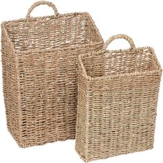 two large baskets with handles are shown in the image, one is made out of wicker