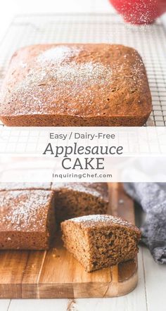 an apple cake is cut into slices on a wooden cutting board with the words easy / dairy - free applesauce cake