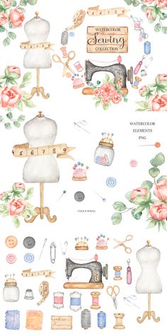 watercolor illustrations of sewing equipment and flowers