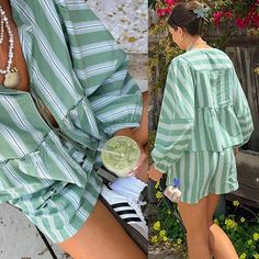 Women Casual Stripe Shirt Shorts Sets Lace Up Hollow Out High Waist Wide Leg Short Pant Top Suit Casual Striped Shirt, Suit Green, Lantern Sleeved Blouses, Short Pant, Shorts Sets, Laced Up Shirt, Solid Color Sweater, Green Suit, 90s Fashion Outfits