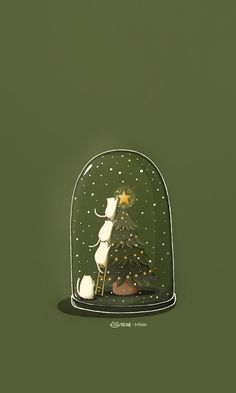 a snow globe with a christmas tree and polar bears in it on a green background